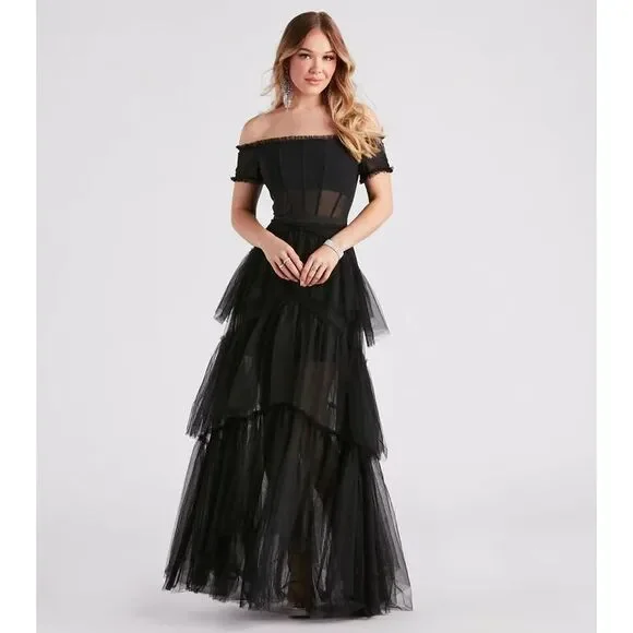 Betsy & Adam Black Off The Shoulder‎ Corset Tiered Tulle Evening Dress - Size 0